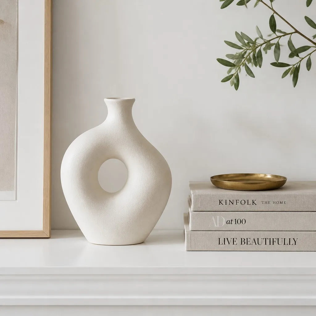 Ceramic Vase Styled with Books on Shelf